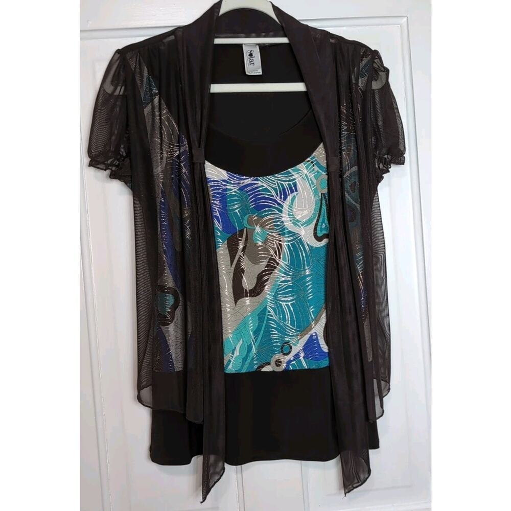Vtg Solar‎ Mesh Cardigan Blouse Abstract Metallic Y2K Women's XL Elegant (1040)